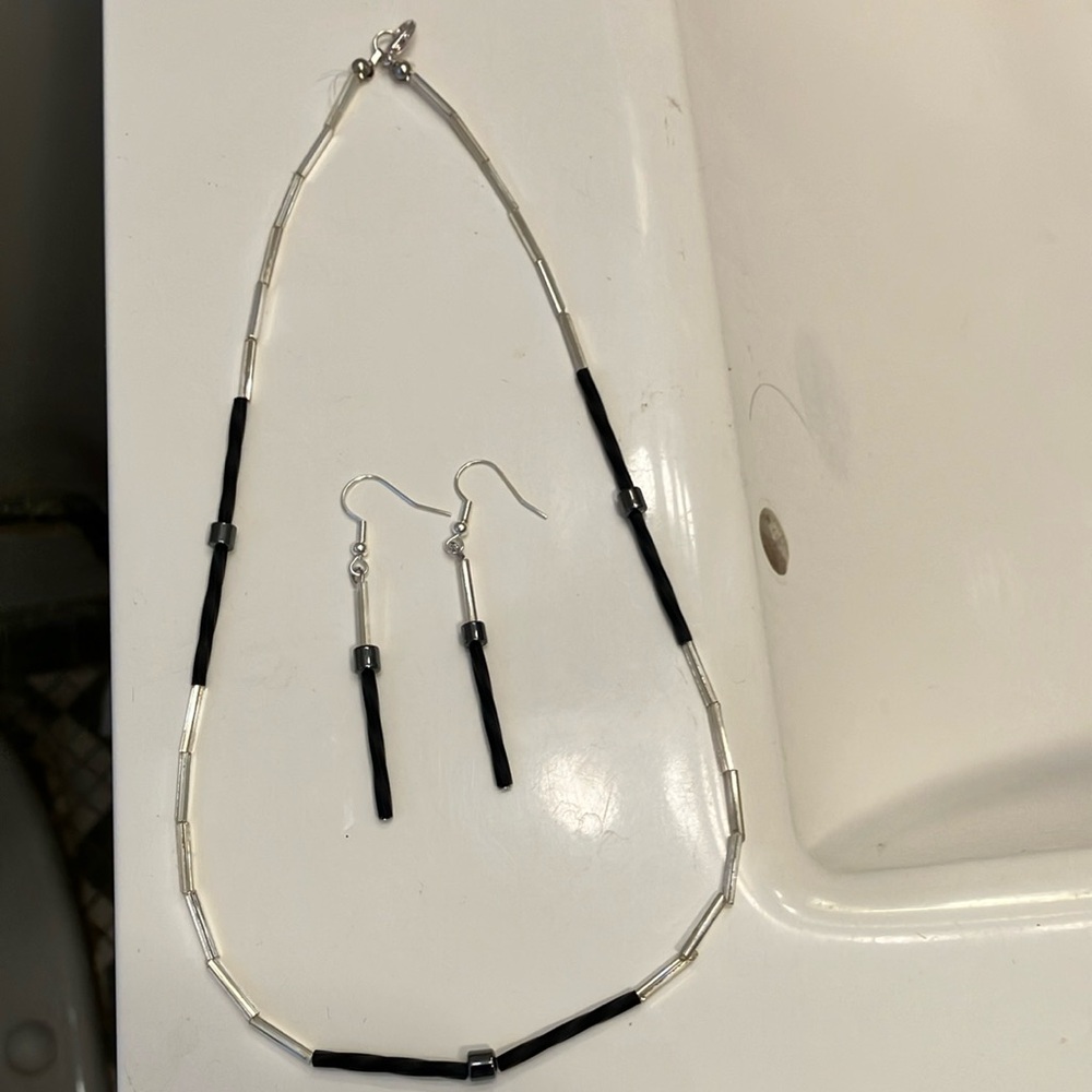 Hematite with silver and black matte twisted glass beads necklace/earrings.